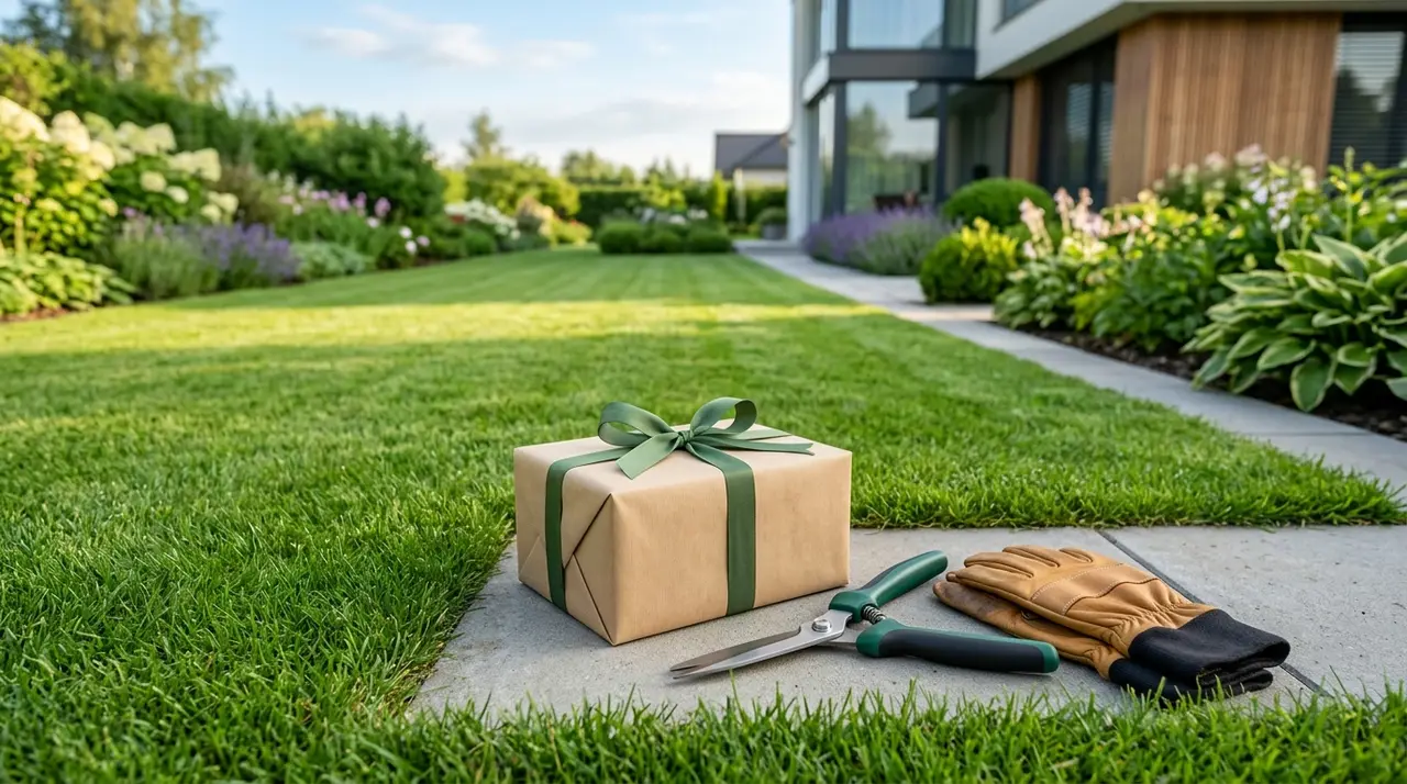 Verpacktes Geschenk mit grüner Schleife, Grasschere und Lederhandschuhen am Rand eines gepflegten Rasens
