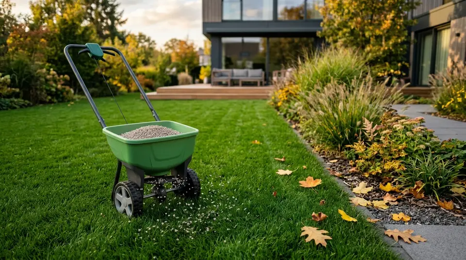 Grüner Streuwagen mit Herbstdünger auf einem dichten Rasen, daneben Herbstlaub am Beetrand
