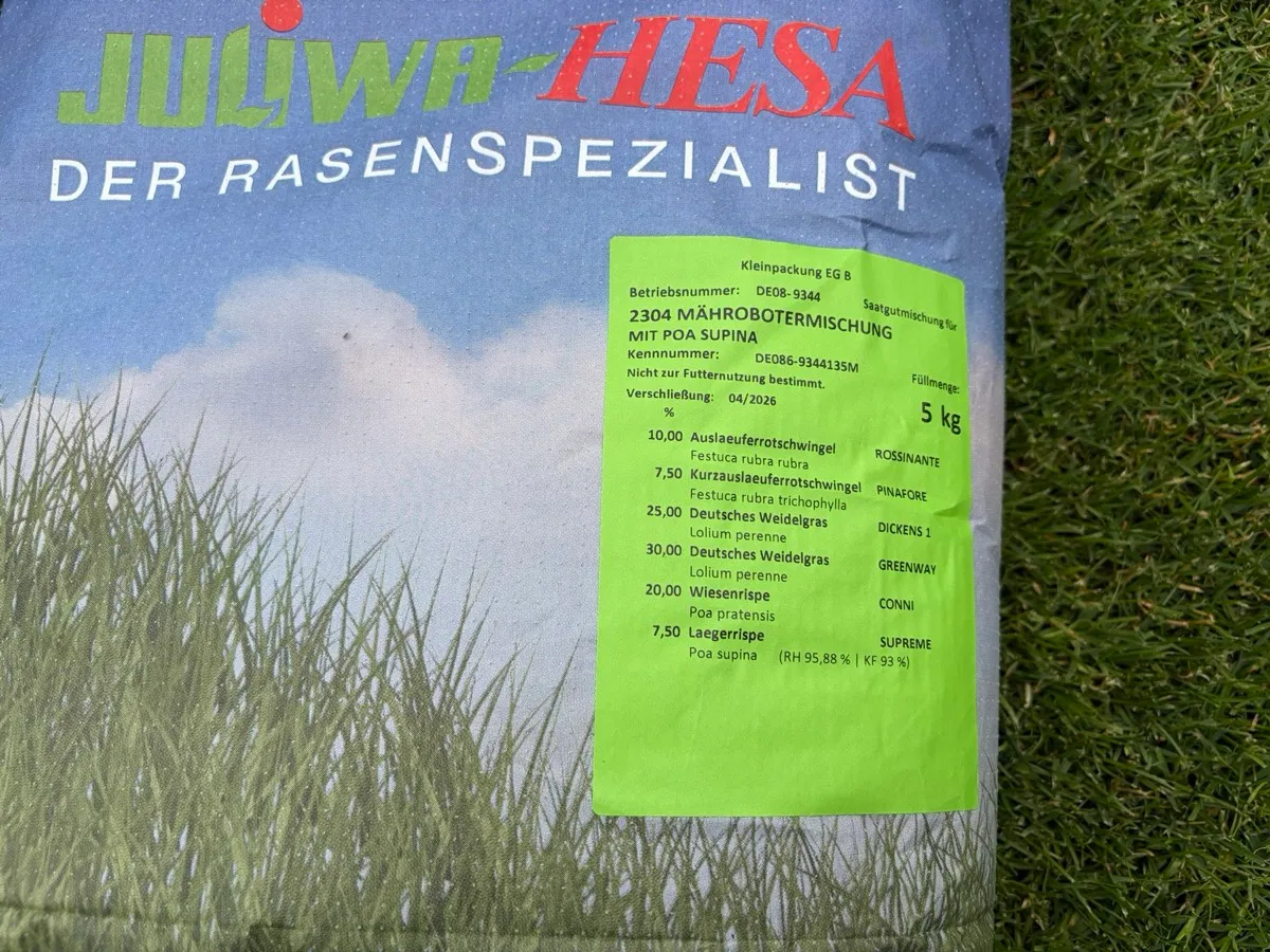 Etikett der Juliwa Hesa 2304 Mährobotermischung mit Poa supina und der Zusammensetzung
