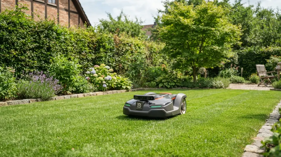 Mähroboter ohne Begrenzungskabel fährt über einen gepflegten Rasen, dahinter Hecke und Baum