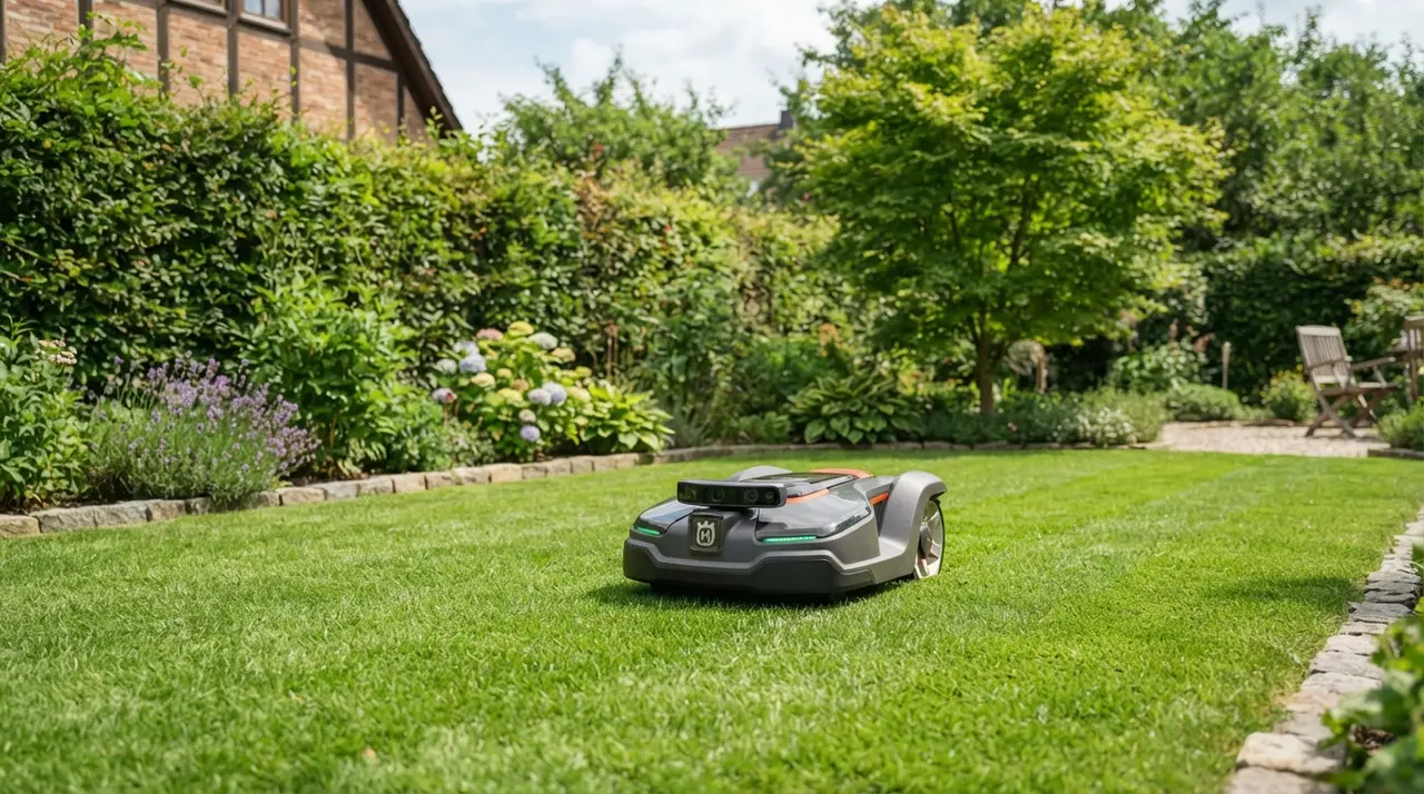 Mähroboter ohne Begrenzungskabel fährt über einen gepflegten Rasen, dahinter Hecke und Baum