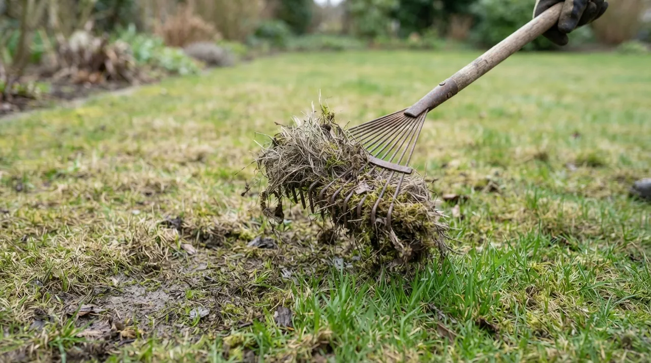 Gartenrechen über einem Rasen im März, in den Zinken hängen Rasenfilz und Moos