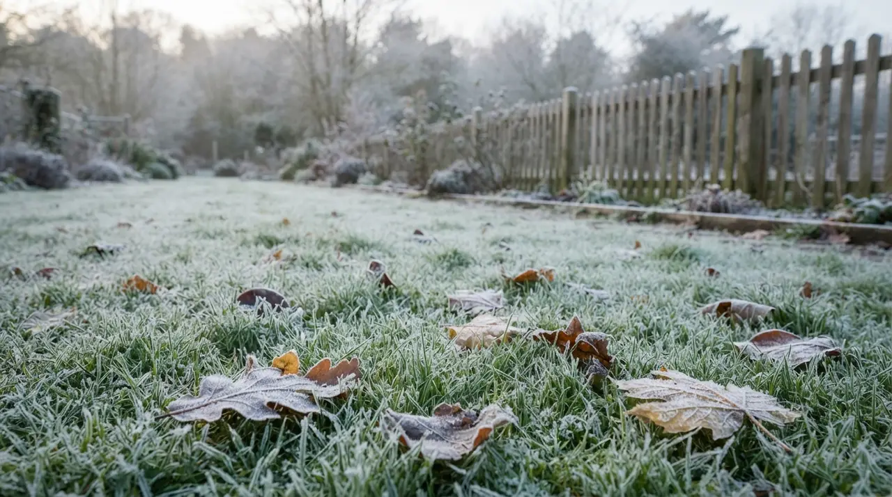 Rasen im Winter mit Raureif auf den Halmen, dazwischen gefrorene Laubblätter und ein Gartenzaun im Hintergrund