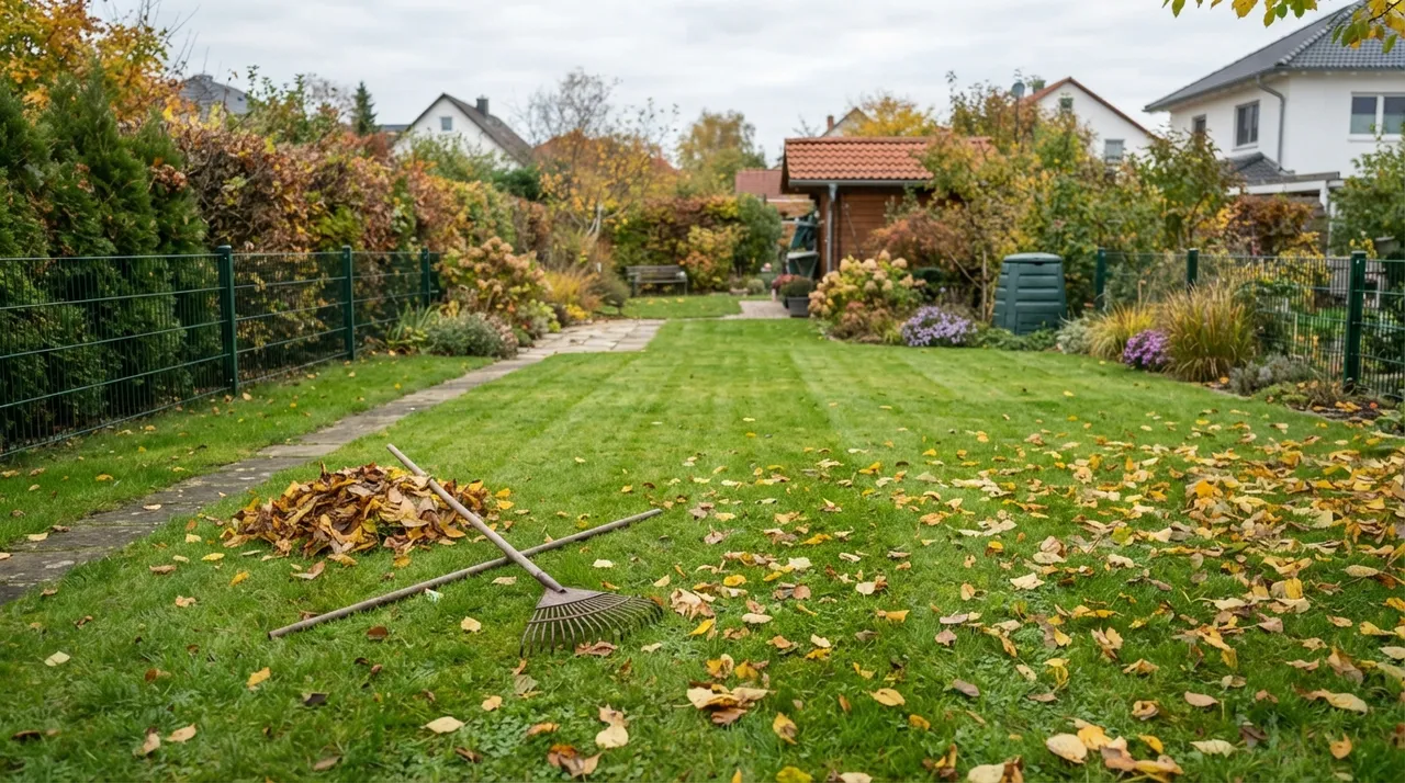 Rasen im Herbst mit gefallenem Laub, ein Teil davon mit dem Laubrechen zu einem kleinen Haufen zusammengeharkt