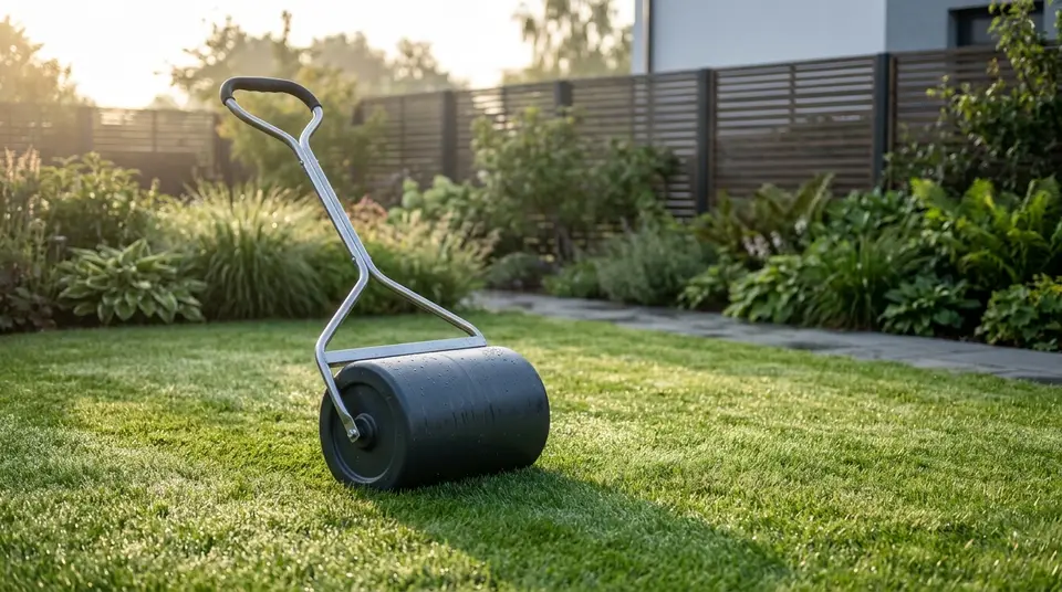 Befüllbare Gartenwalze mit Metallgriff auf einem gepflegten Rasen im Morgenlicht