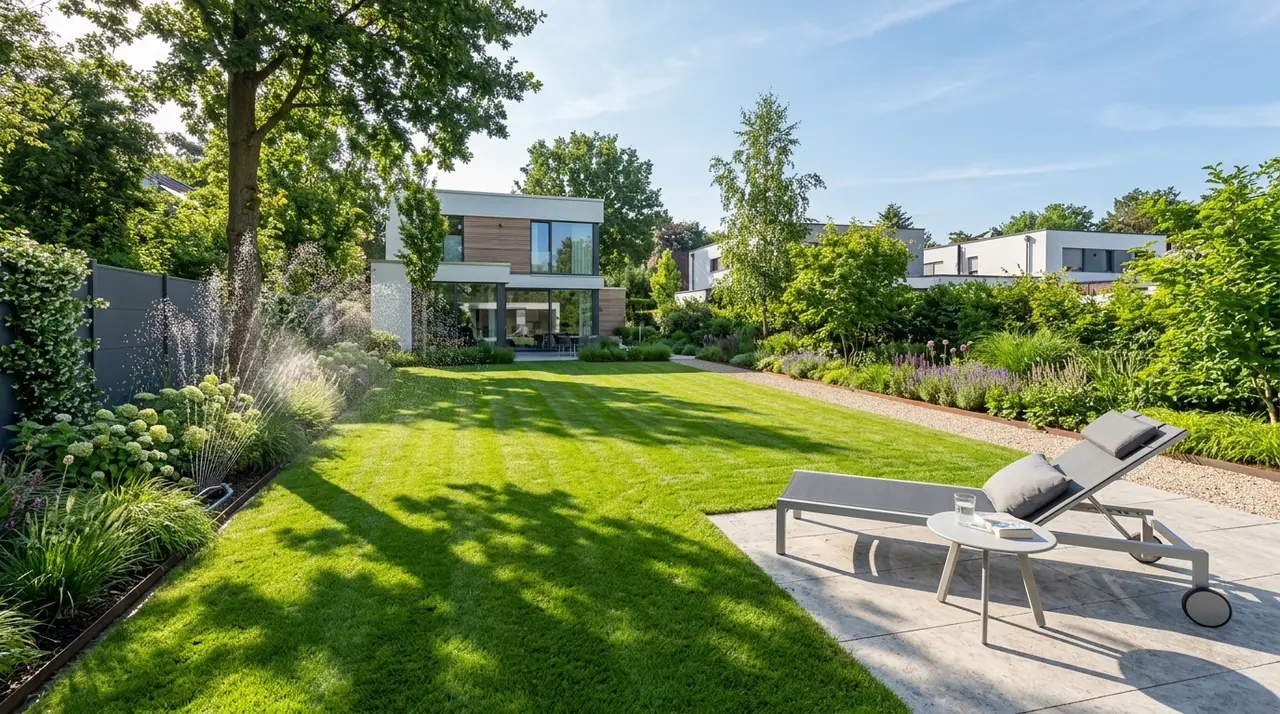 Gepflegter, frisch gemähter Rasen in einem modernen Garten an einem sonnigen Sommermorgen, ein Sprenger wässert eine Ecke, rechts eine graue Gartenliege mit Tisch