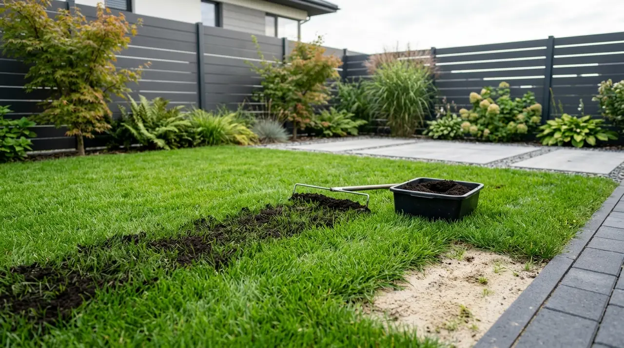 Gepflegter Rasen im Herbst mit einer dünnen Lage Kompost auf der Grasnarbe und einem Streifen hellem Sandboden am Rand vor einem modernen Gartenzaun