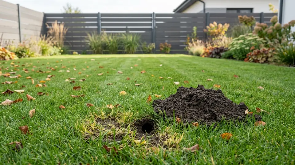 Rasenfläche im Herbst mit frischem Erdhügel und einem Loch im Rasen vor einem modernen Gartenzaun