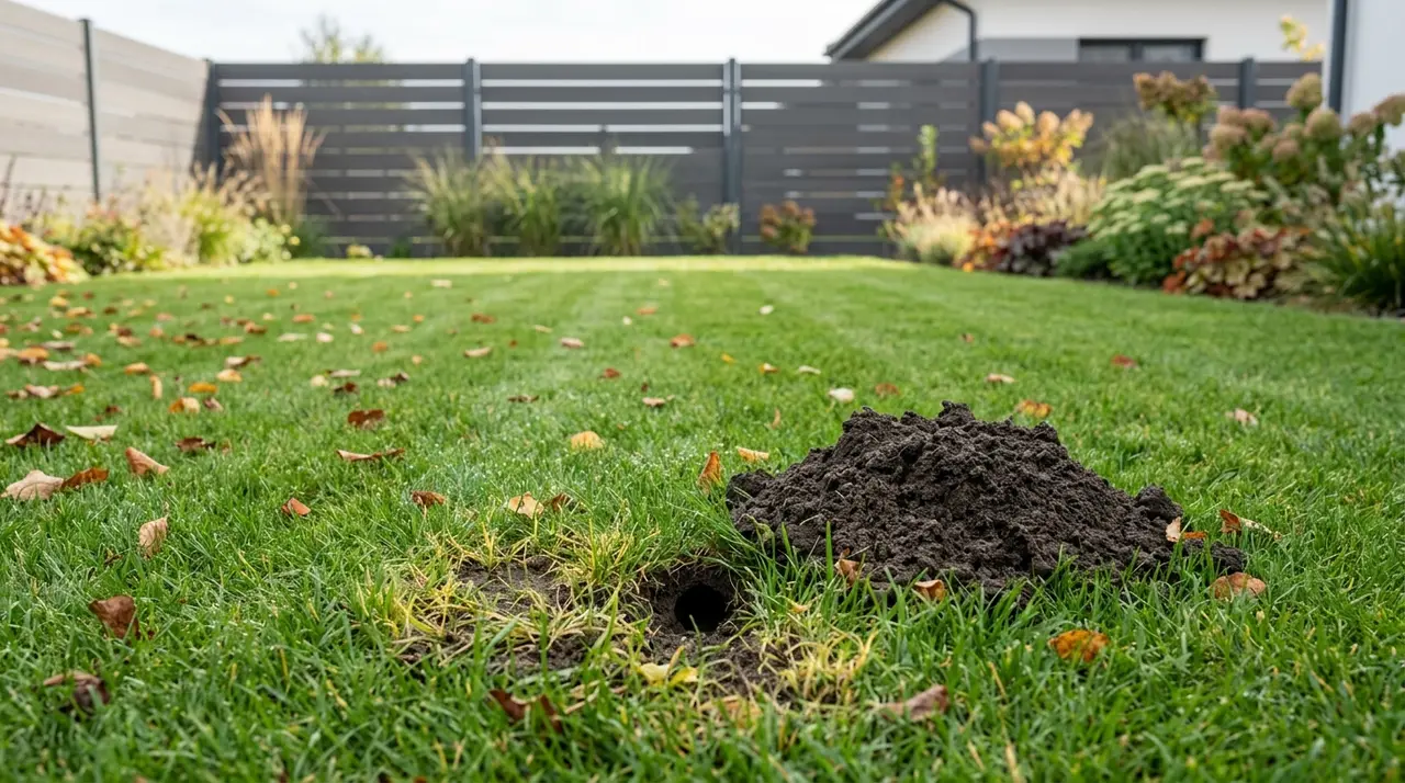 Rasenfläche im Herbst mit frischem Erdhügel und einem Loch im Rasen vor einem modernen Gartenzaun